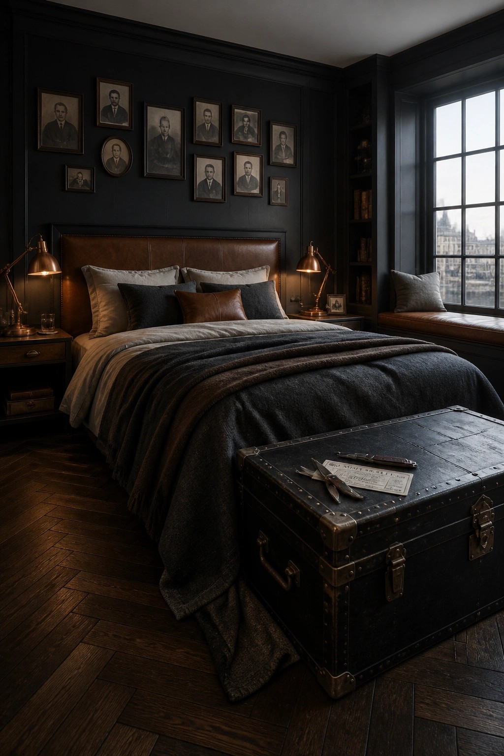 A bedroom with a brown leather headboard bed, dark bedding, wooden floor, and a large black trunk at the foot of the bed.