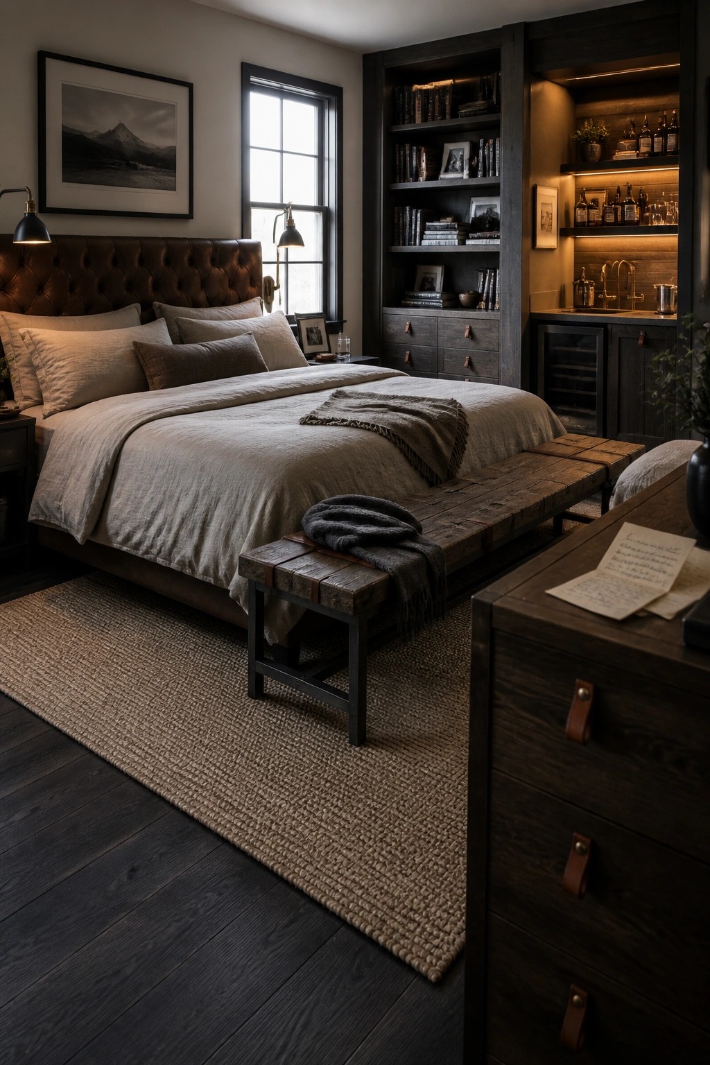 A bedroom with a tufted brown leather headboard, a bed with beige linens, two wooden benches with leather straps at the foot of the bed, and dark wood built-in shelving and cabinetry on the right wall.