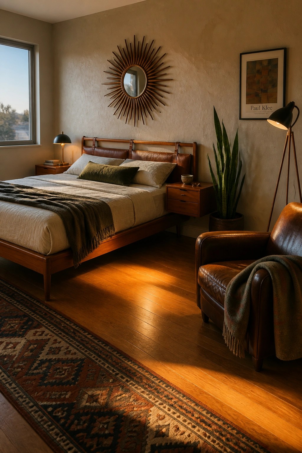 A bedroom with a wooden bed frame featuring brown leather headboard panels, a matching leather armchair, wooden nightstands, and a large sunburst mirror above the bed.