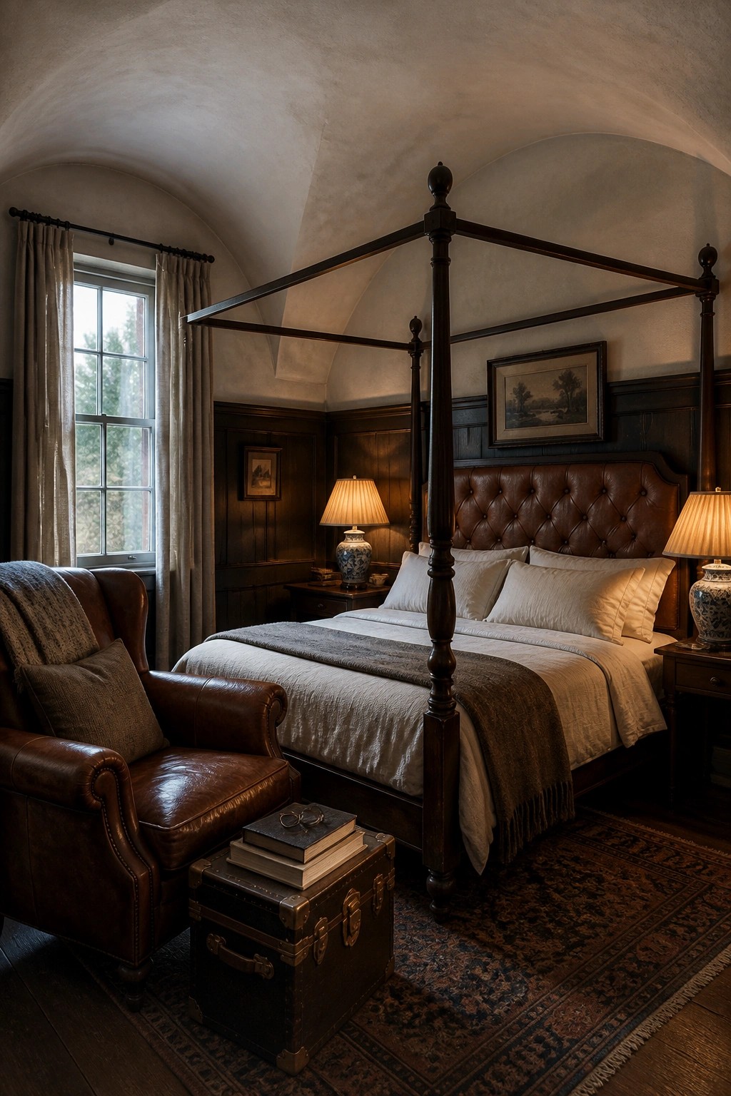 A bedroom with a dark wood four-poster bed, brown leather headboard, leather armchair, and patterned rug on a wood floor.
