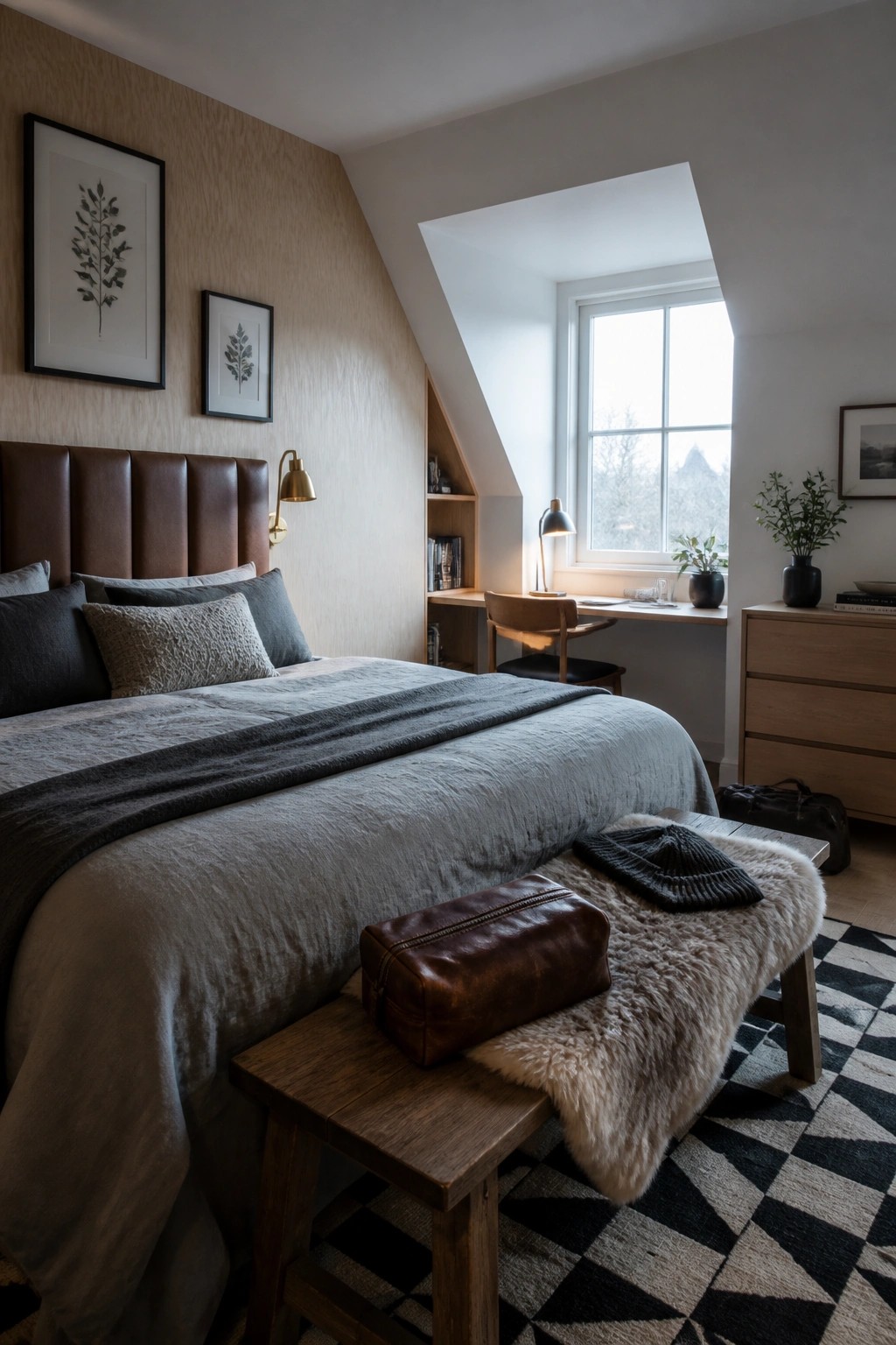 A bedroom featuring a brown leather headboard, wooden bench and desk, gray bedding, and a sloped ceiling with a large window.