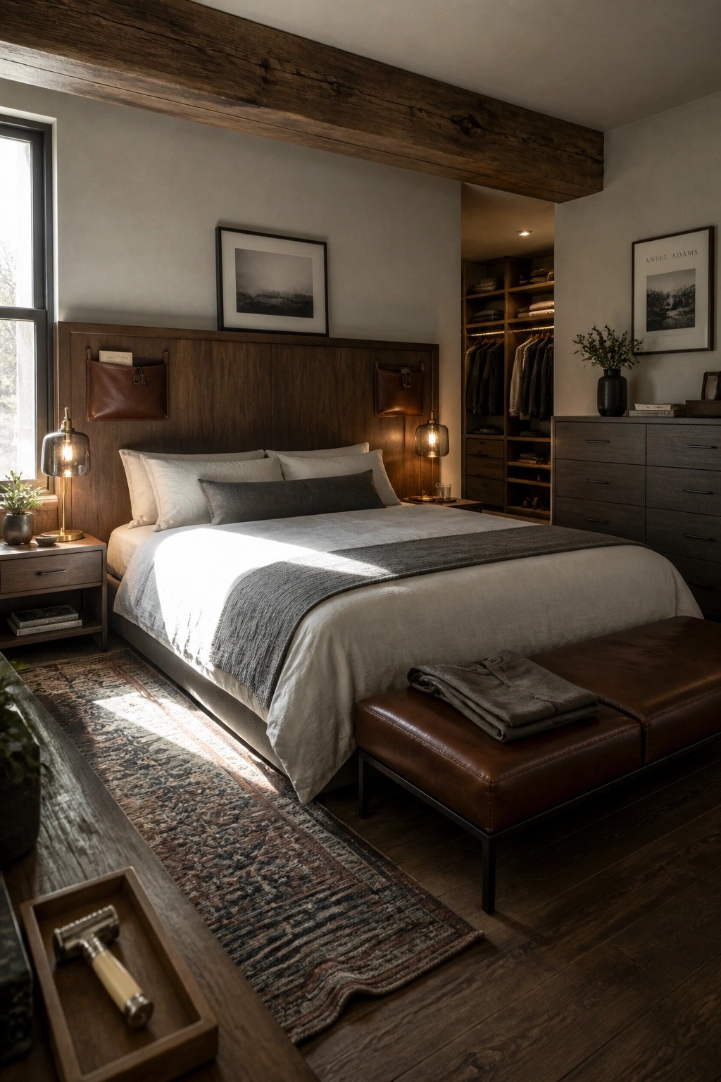 A bedroom showing a wood headboard bed with white and gray bedding, a brown leather bench at the foot of the bed, leather side pockets on the headboard, and an open closet area in the background.