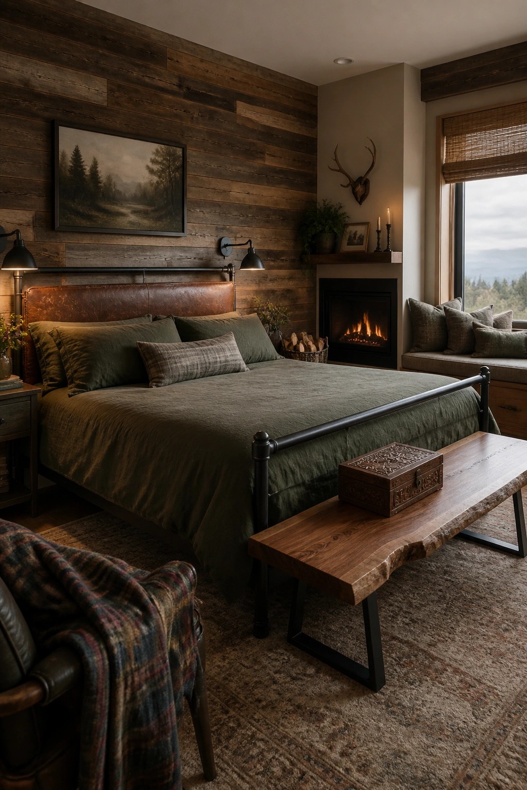 Rustic bedroom with olive bed, leather headboard, fireplace, wooden bench, and window seat.