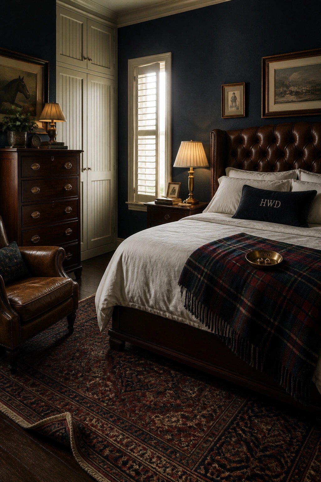 A masculine bedroom with a tufted brown leather headboard, dark wood furniture, a leather armchair, white bedding with a plaid throw, and a patterned rug on dark wood floors.