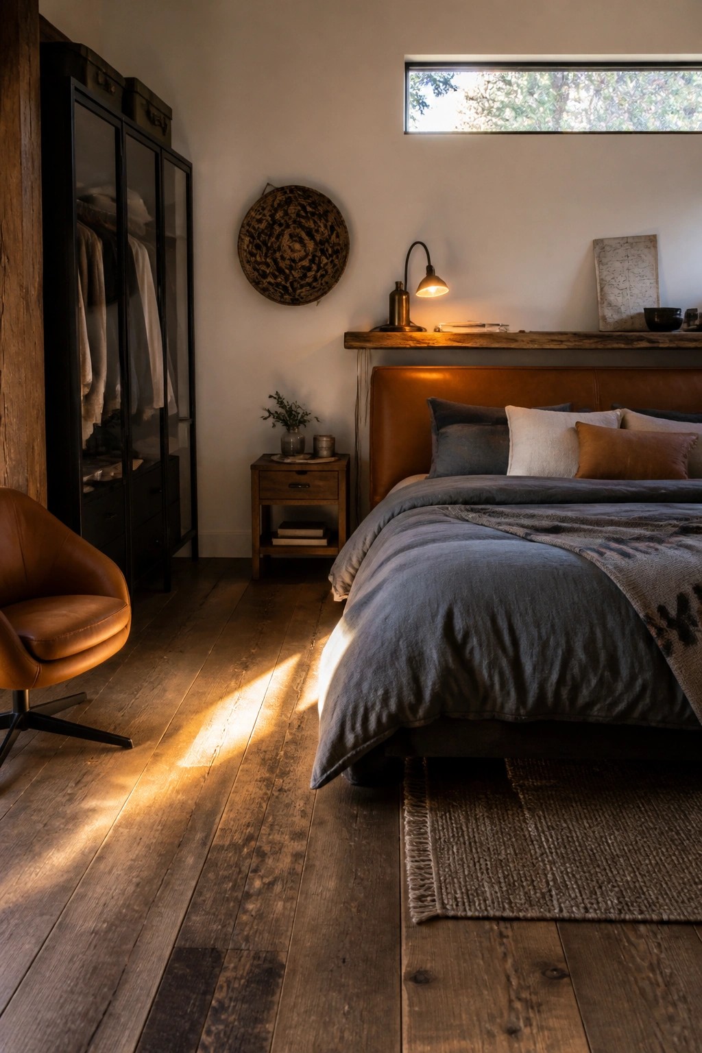 Sunlit rustic bedroom with leather bed, armchair, wooden floors, and woven wall art