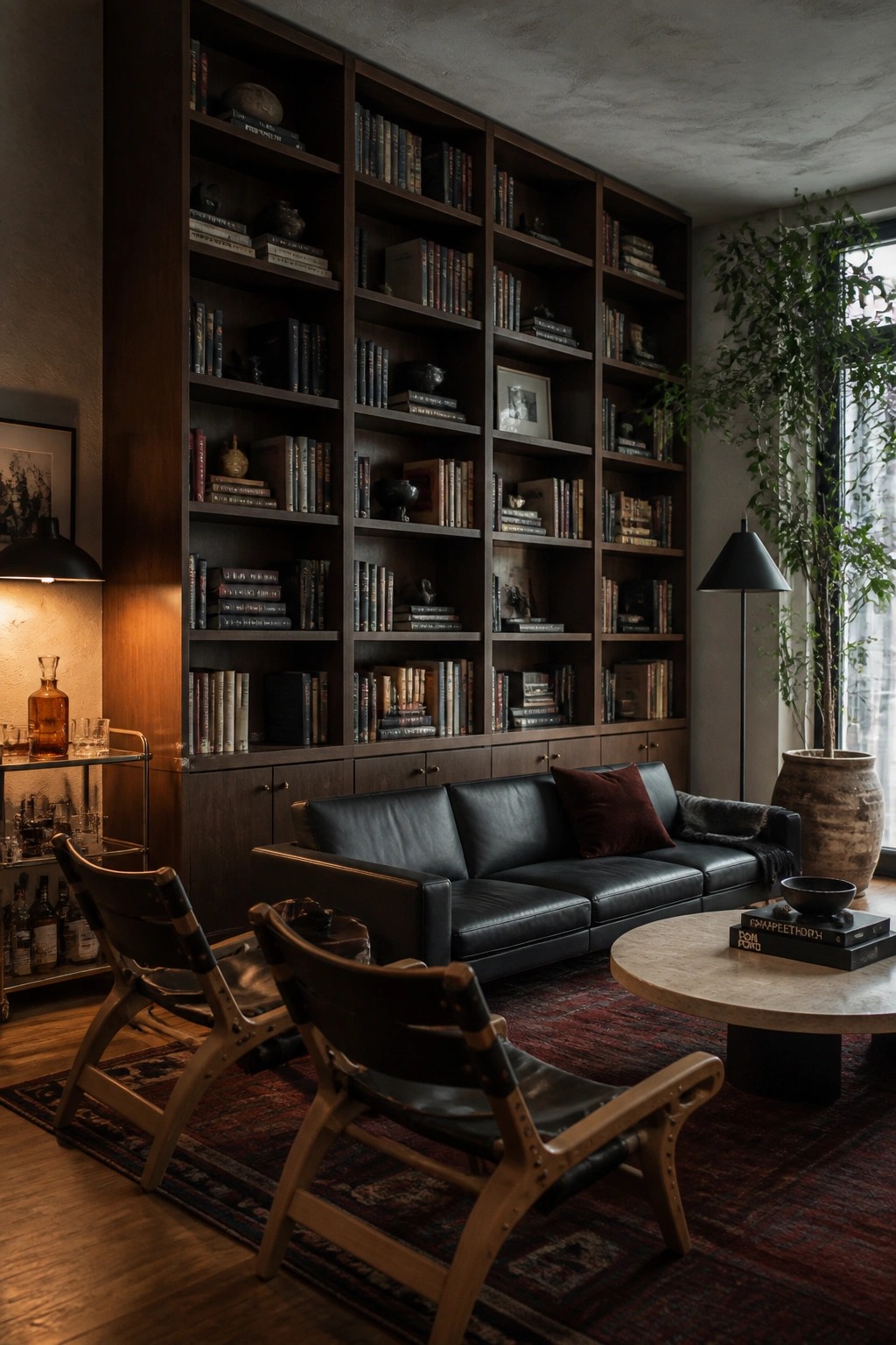A living room featuring a large dark wood built-in bookshelf covering one wall, a black leather sofa, two wooden armchairs on a red patterned rug, and a round marble coffee table.
