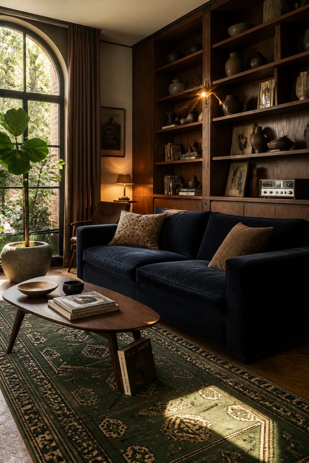 A living room with a navy blue sofa in front of tall dark wood built-in shelves filled with books, pottery, and framed items, an oval coffee table on a green patterned rug, and a large arched window to the left.