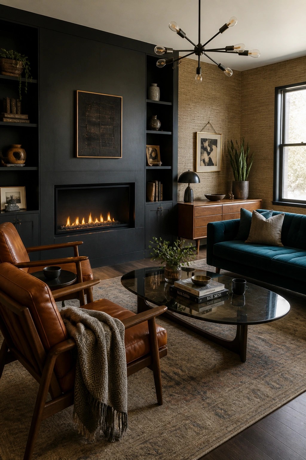 A living room with dark built-in shelving and cabinetry around a fireplace, brown leather armchairs in the foreground, a teal sofa, and an oval coffee table on a patterned rug.