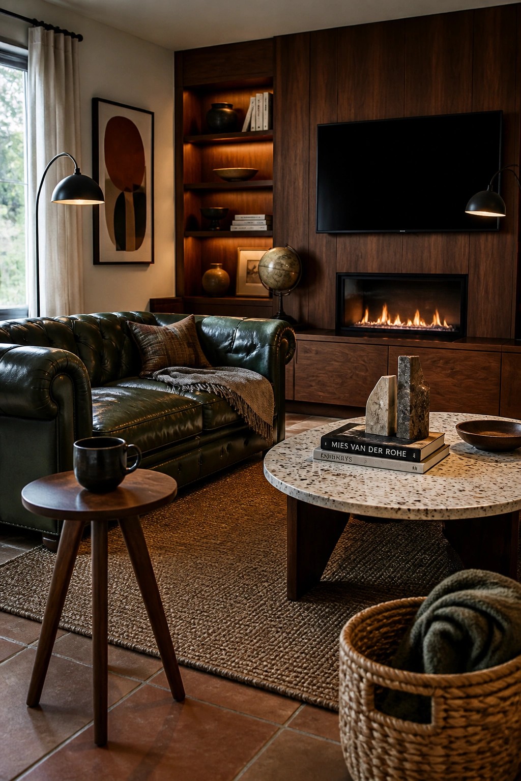 Cozy living room with green leather sofa, terrazzo coffee table, fireplace, and wooden shelves.