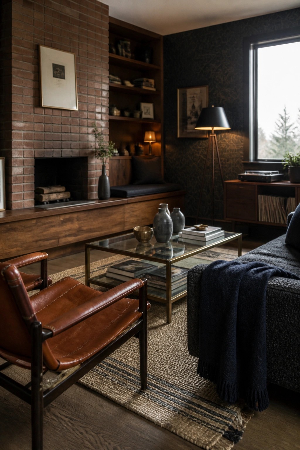 A living room with a brick fireplace flanked by dark wood built-in shelves, a brown leather chair, and a glass coffee table on a woven rug.