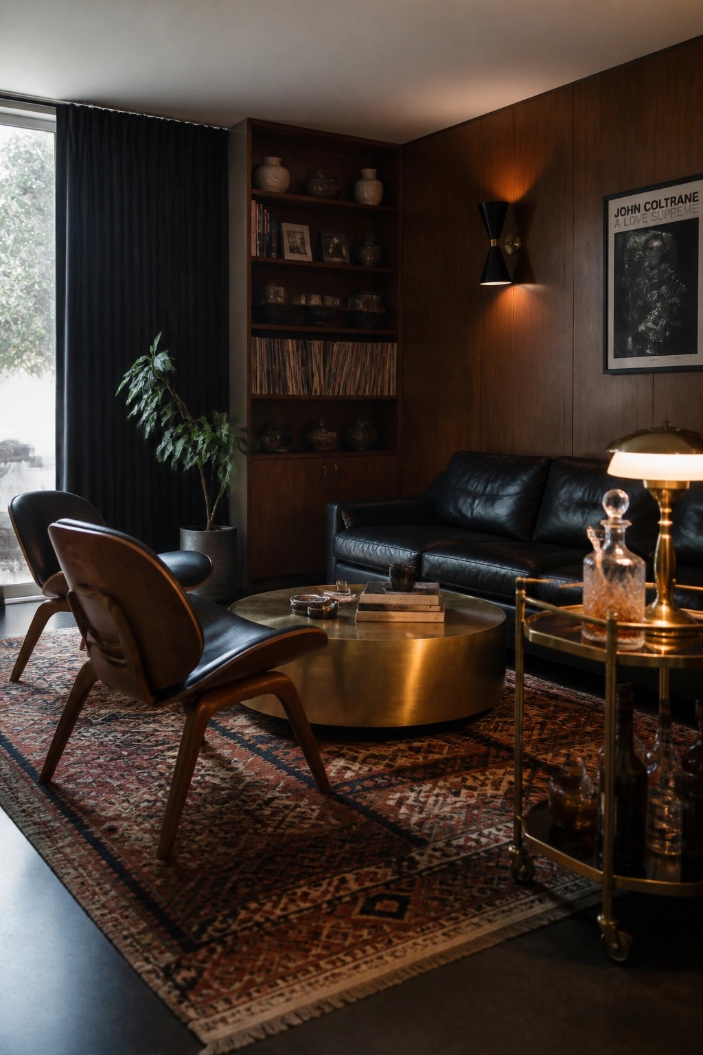 A living room with dark wood built-in shelving, a black leather sofa, two wooden armchairs, a round brass coffee table, and a patterned rug.