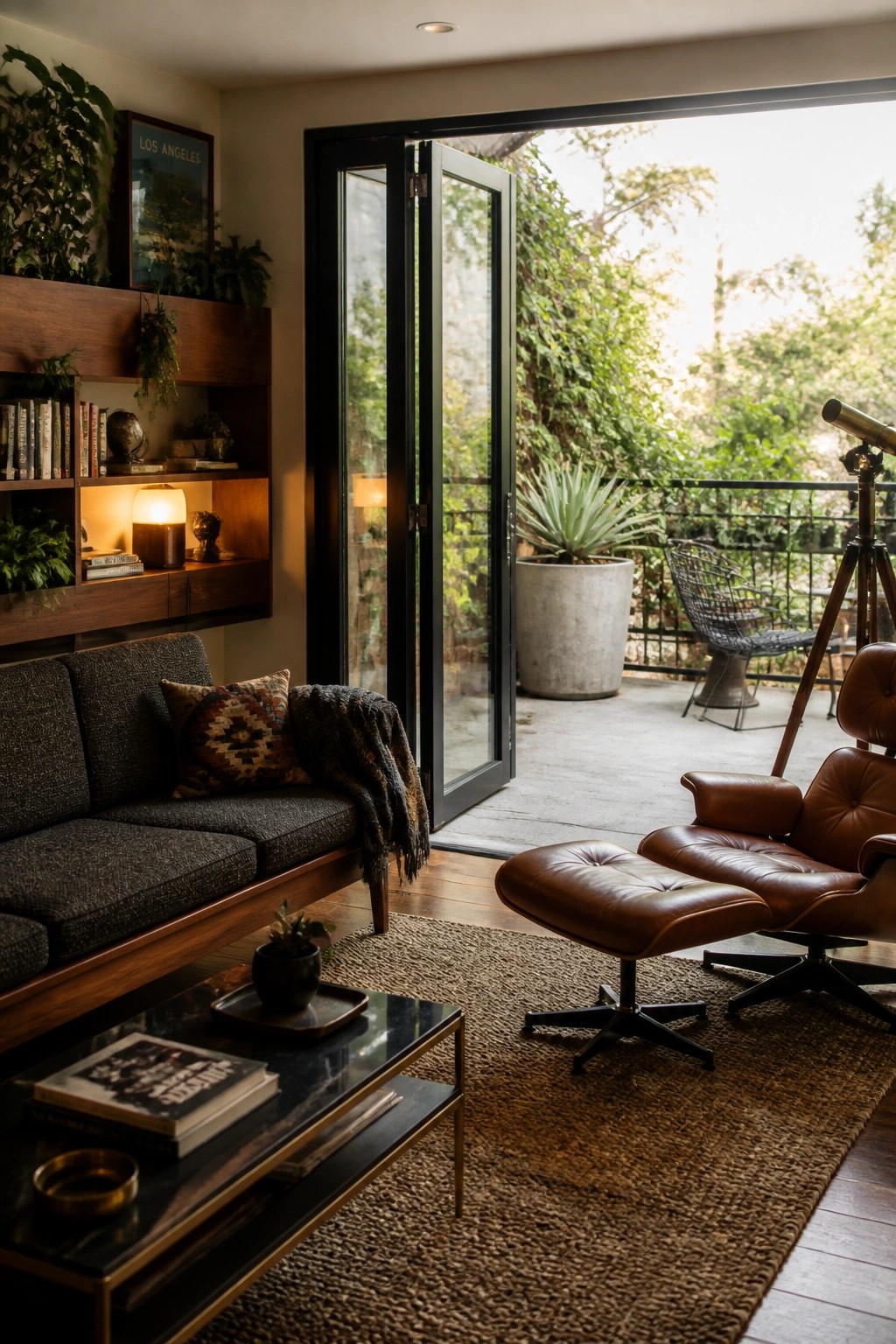 Cozy mid-century living room with brown leather chair, dark sofa, and open patio doors