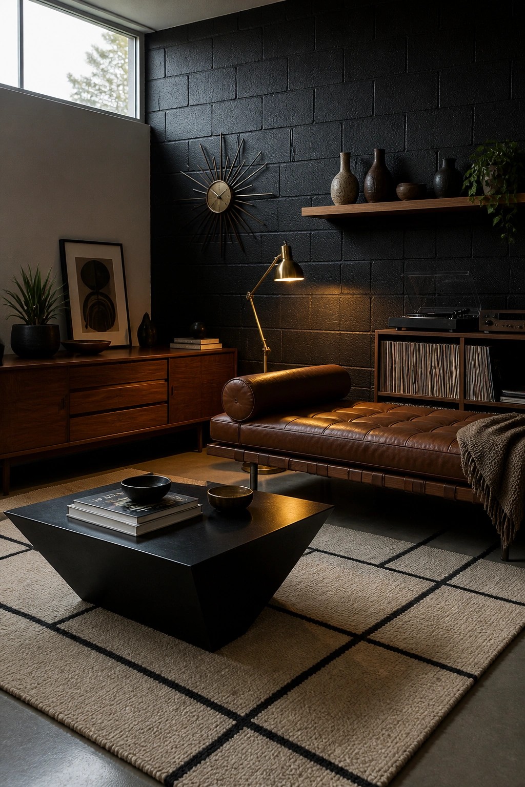 Mid-century living room with black brick accent wall, brown leather daybed, dark wood credenza, and black coffee table on a beige grid rug.