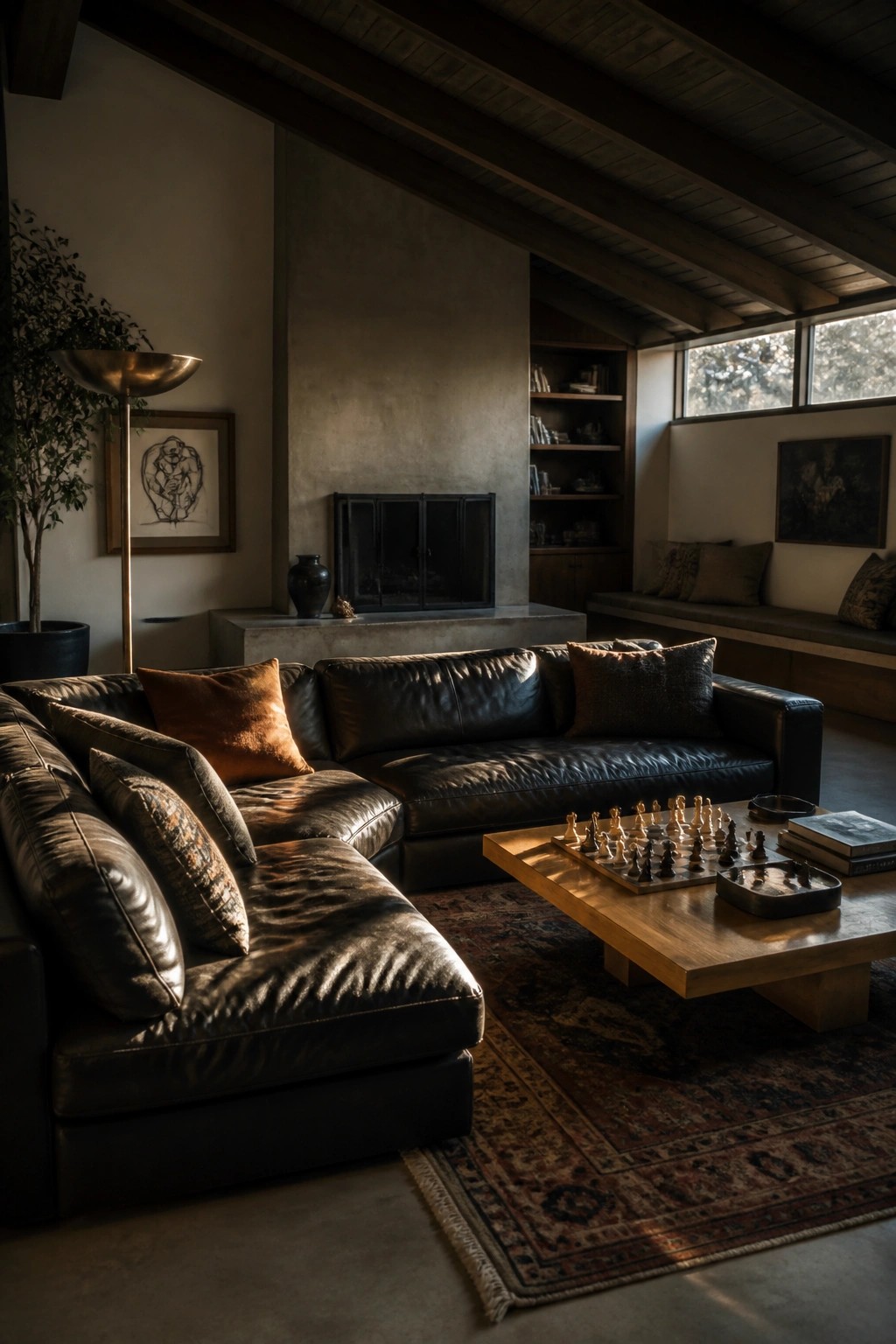 A spacious living room with a large dark leather sectional sofa, wooden coffee table holding a chess set, concrete fireplace, and exposed ceiling beams.
