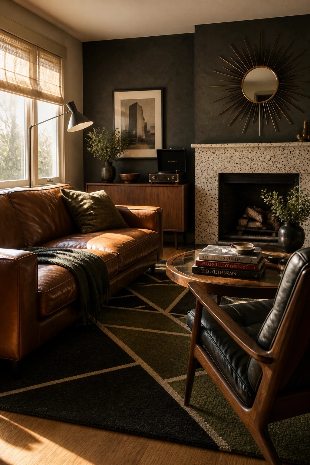 A living room with a brown leather sofa, a black leather armchair, a round coffee table, a fireplace with a sunburst mirror above it, and dark painted walls.