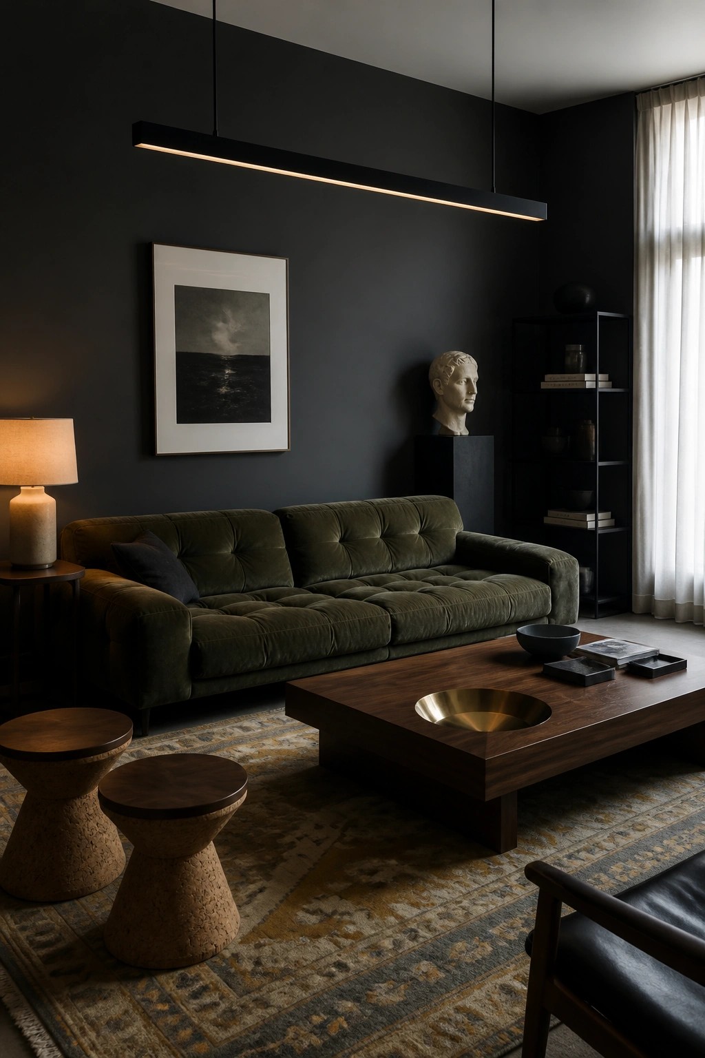 A living room with dark gray walls features a green velvet tufted sofa, a dark wood coffee table, two cork stools on a patterned rug, a framed artwork, and a sculptural bust on a pedestal.