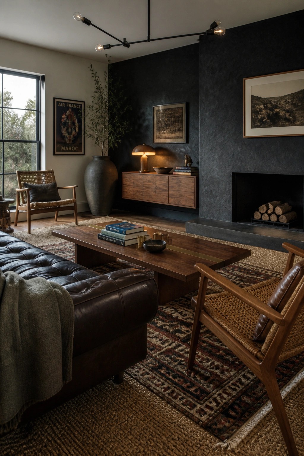 Dark living room with leather sofa, wooden table, woven chairs, and fireplace.