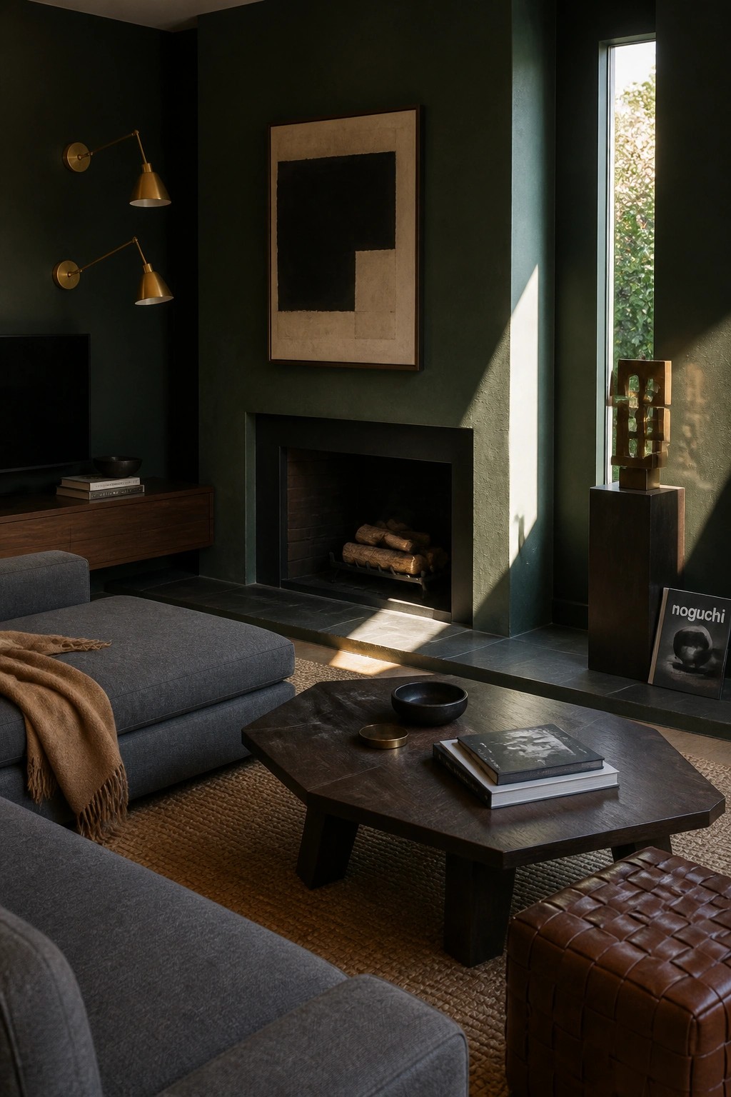 A living room with dark green walls featuring a black fireplace, gray sectional sofa, dark wood coffee table, leather ottoman, brass wall sconces, and abstract art above the mantel.