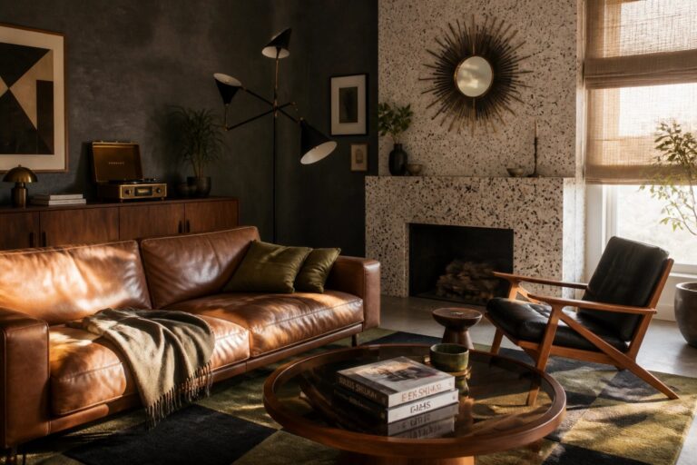 21 Mid-Century Masculine Living Room Ideas with Timeless Appeal A living room with a brown leather sofa, a black leather armchair, a round coffee table, a fireplace with a sunburst mirror above it, and dark painted walls.