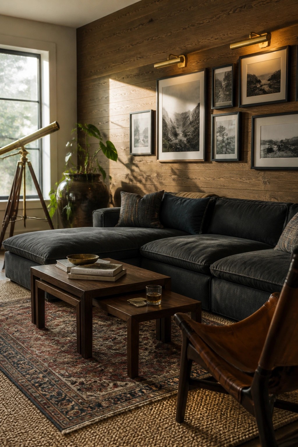 A living room with a dark sectional sofa, wooden nesting coffee tables on a patterned rug, and a gallery wall of black and white framed photographs mounted on dark wood paneling.