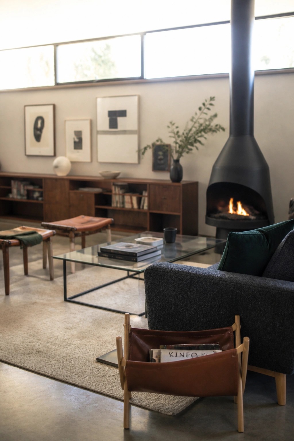 A living room interior with a brown leather magazine rack on a rug in the foreground, a glass coffee table, wooden stools, dark sofa, built-in wood cabinetry, and a black fireplace.