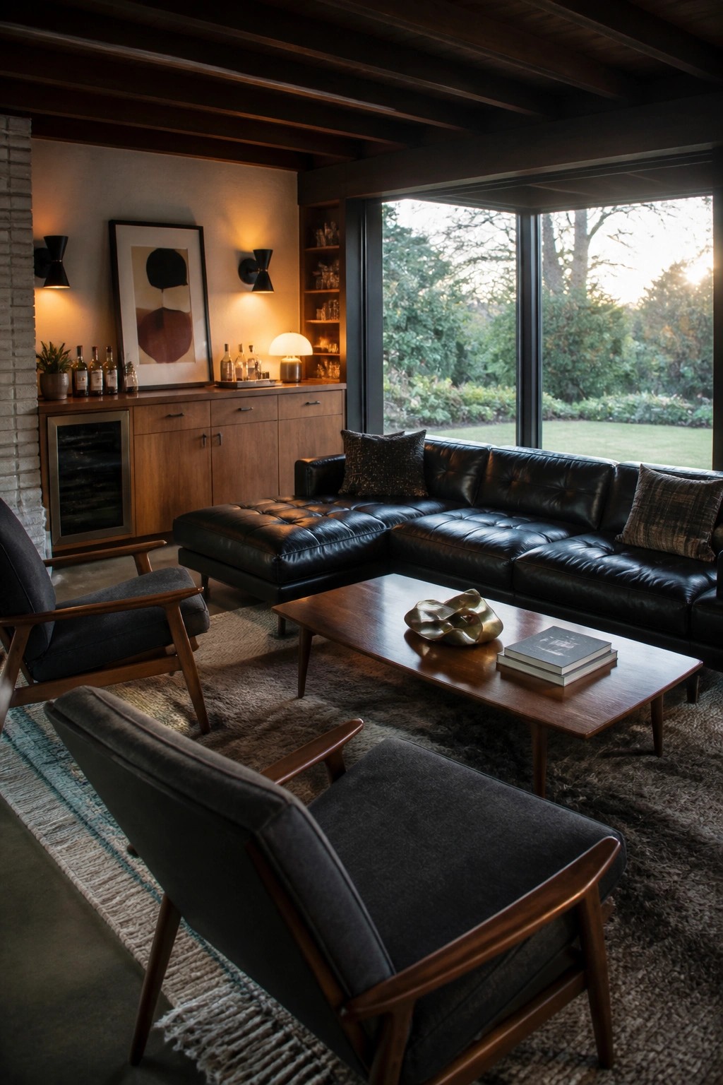 A mid-century living room with a black leather sectional sofa, wooden coffee table, two upholstered armchairs, and a built-in bar area with wood cabinetry.