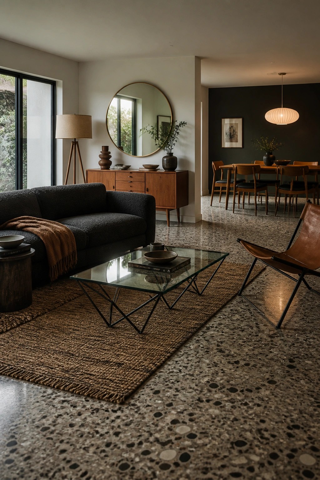 A living room with a dark textured sofa, glass coffee table on a woven rug, wooden console with round mirror above it, and a brown leather sling chair on terrazzo flooring, with a dining area visible beyond.