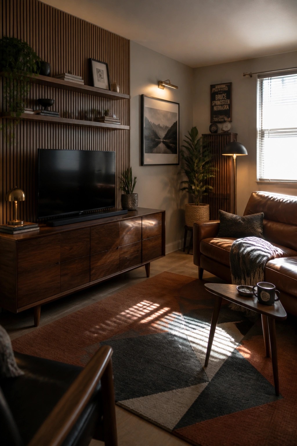 A living room with a dark wooden media console holding a flat screen TV against a vertical wood slat wall, a brown leather sofa, a geometric area rug, and a small side table near the window.