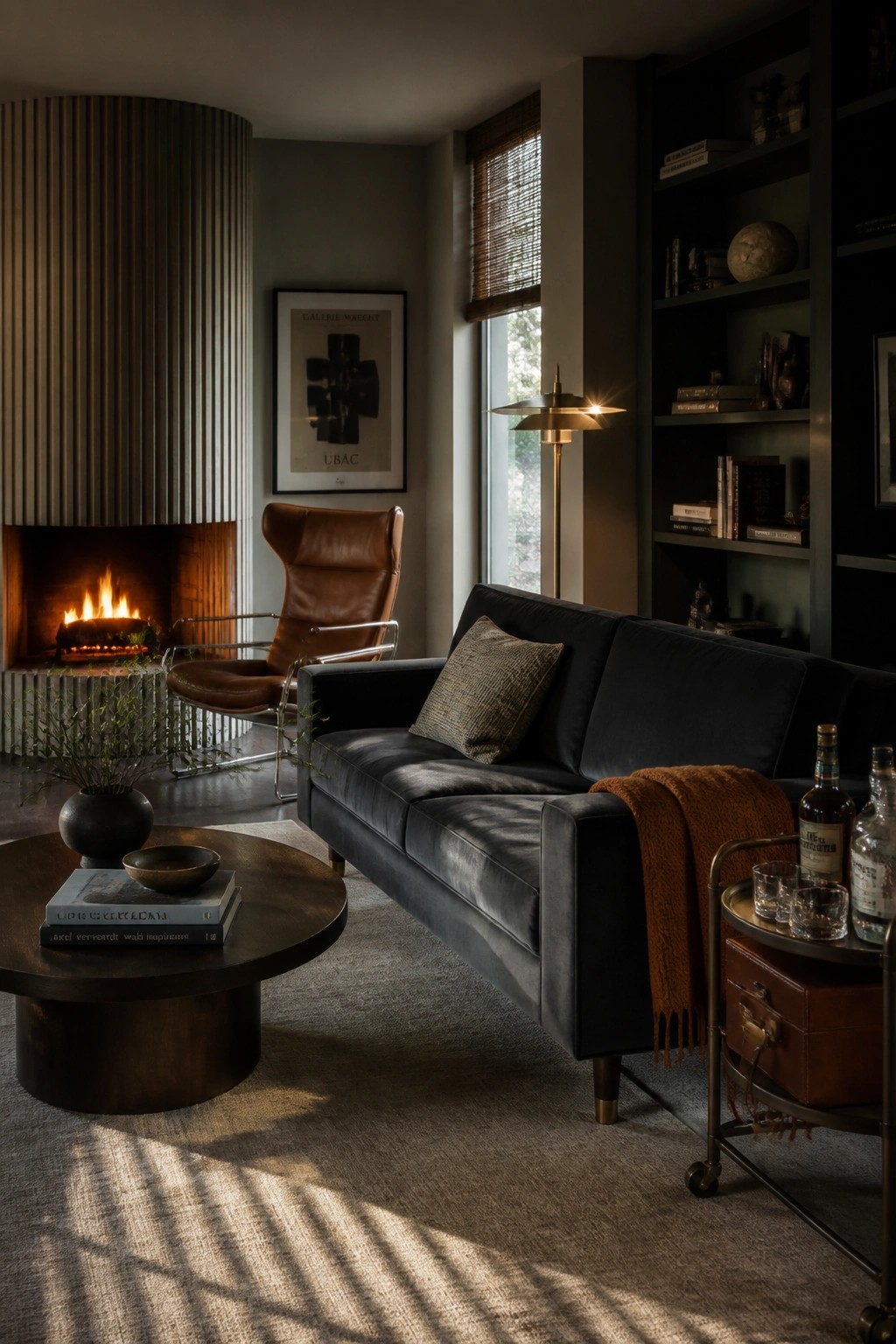 A mid-century living room with a dark fabric sofa, brown leather armchair, round coffee table, lit fireplace, and built-in bookshelves.