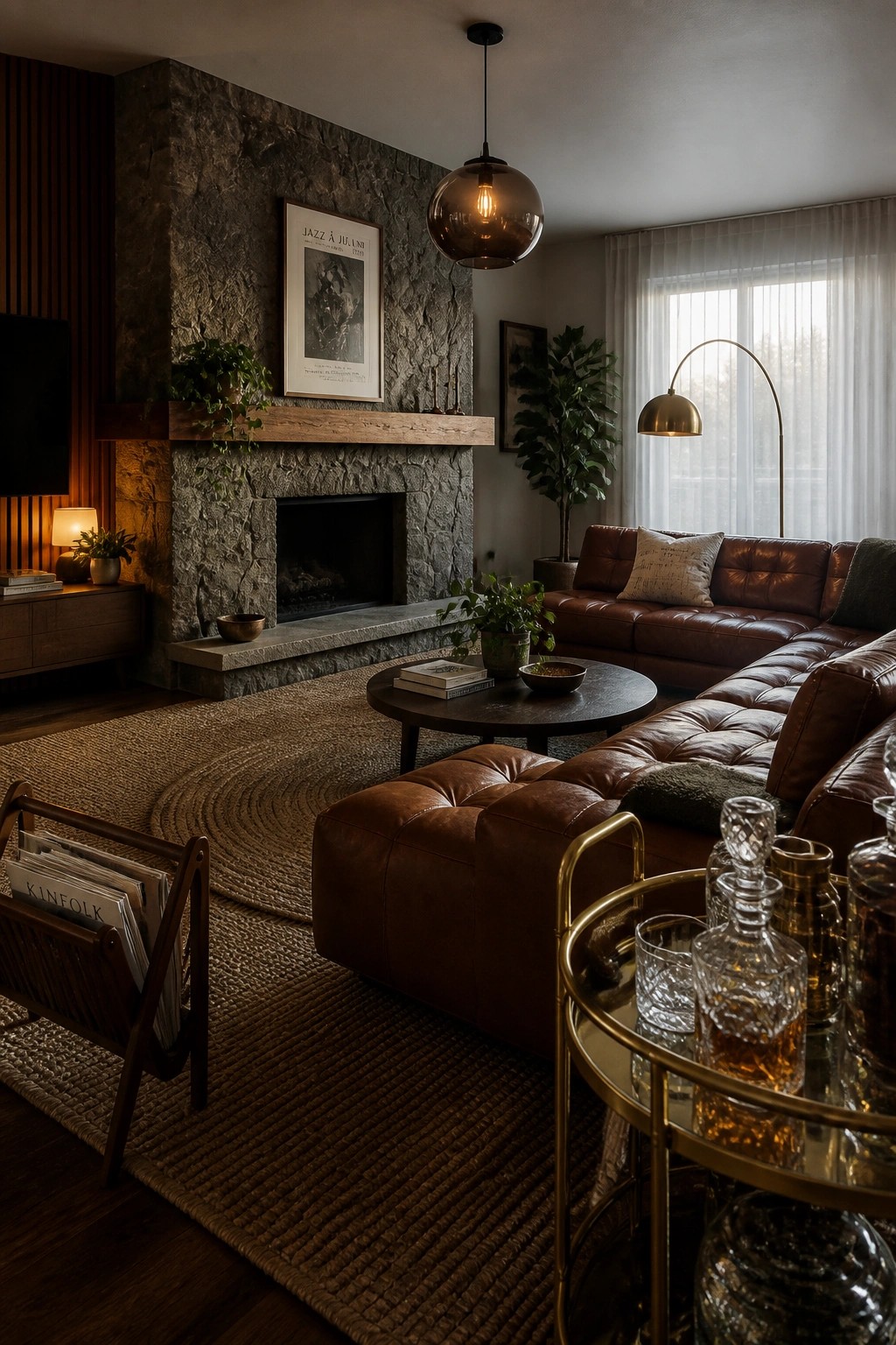 A living room featuring a brown leather sectional sofa, a large stone fireplace, a round dark coffee table, and a brass bar cart in the foreground.