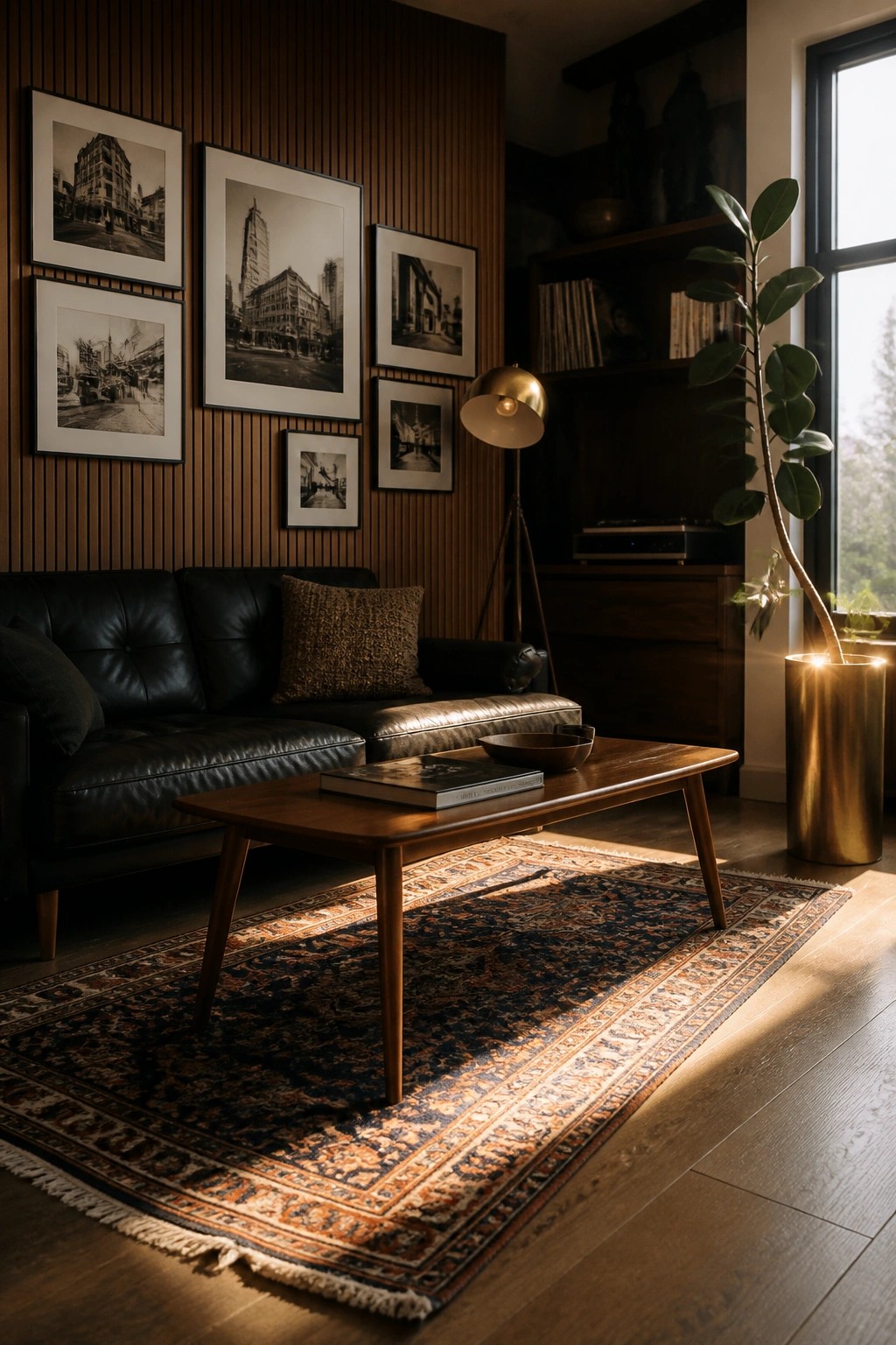 A living room with a black leather sofa, wooden coffee table on an ornate rug, framed black and white photos on a wood-paneled wall, and a tall plant in a gold pot near a window.