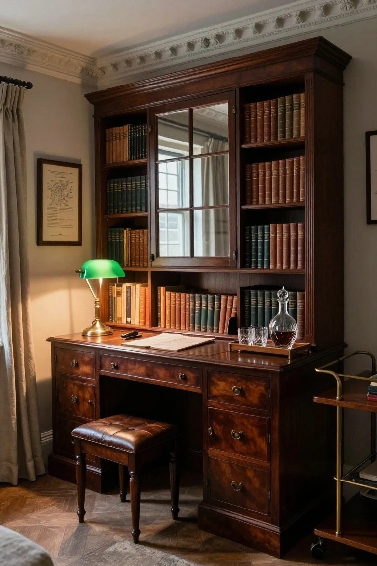 A dark wood built-in desk and bookshelf unit in a home office with books, a green lamp, an open notebook, and a decanter on the desk surface.
