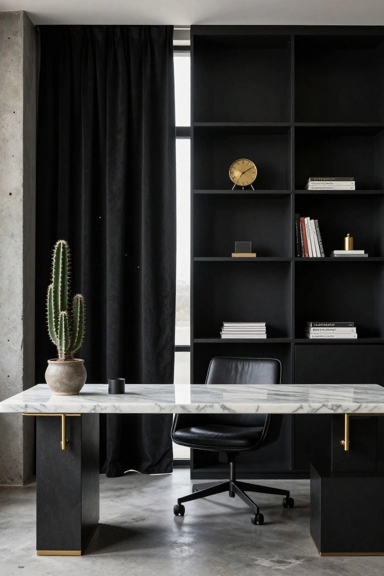 A home office featuring a white marble desk with black base, black leather swivel chair, and floor-to-ceiling black built-in shelving against a concrete wall.