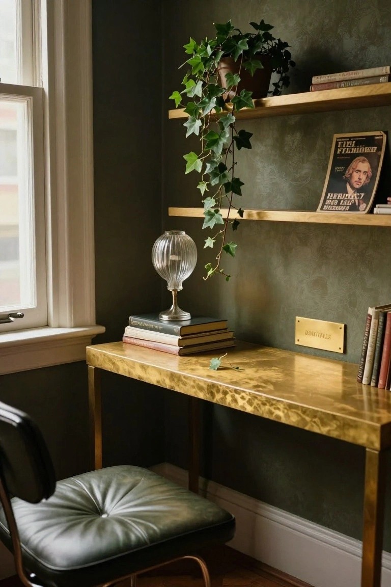 A corner office with dark green walls, a gold desk, green leather stool, floating wooden shelves, stacked books, and a trailing plant.