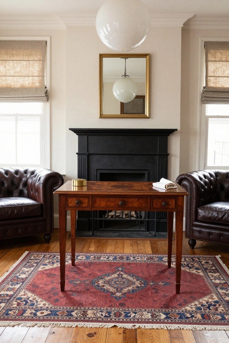Two dark brown tufted leather armchairs flank a wooden desk in front of a black fireplace mantel on a red patterned rug.
