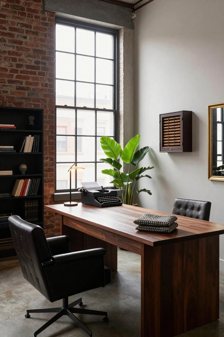 A home office with a large wooden desk, two black leather office chairs, a vintage typewriter, and a tall window beside a brick wall.