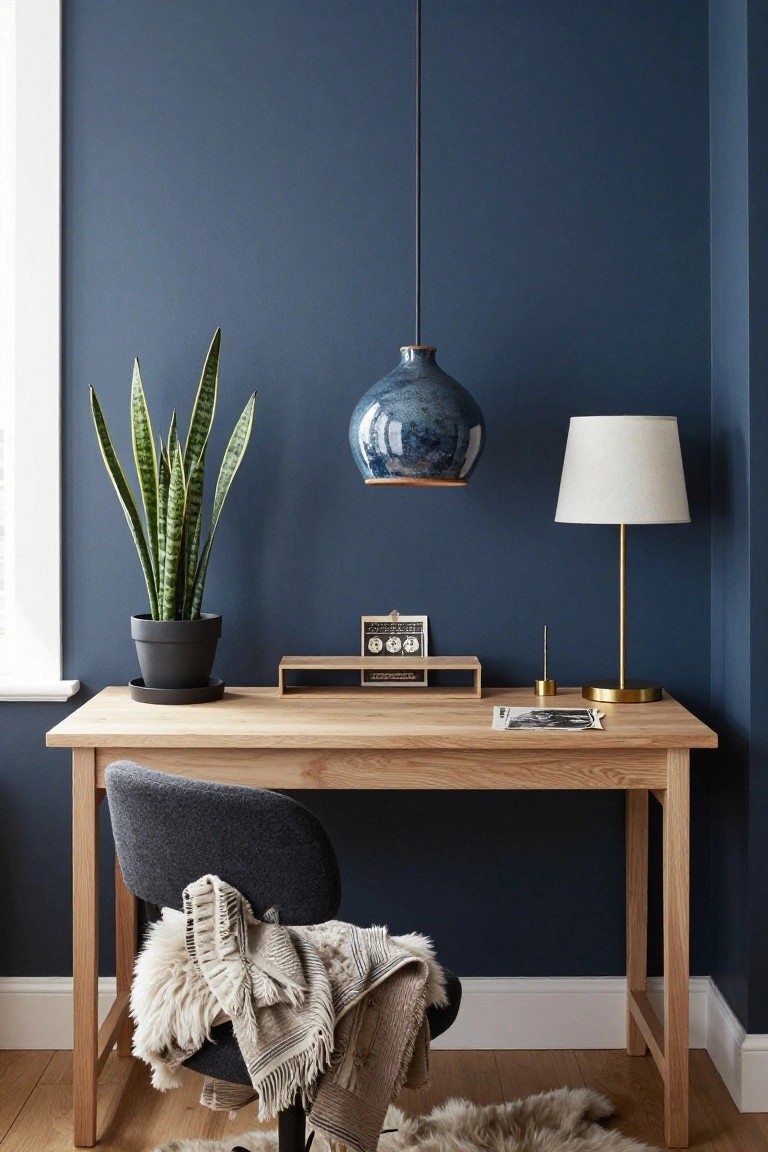 A wooden desk sits against a dark navy blue wall with a potted snake plant, blue pendant light, brass desk lamp, and gray upholstered chair.