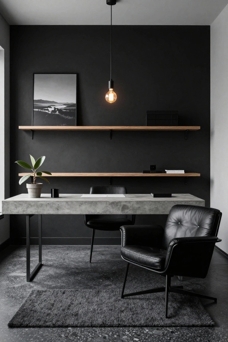 A minimalist home office featuring black walls, a long concrete desk with black metal legs, two black leather chairs, and wooden floating shelves under a single lit pendant light.