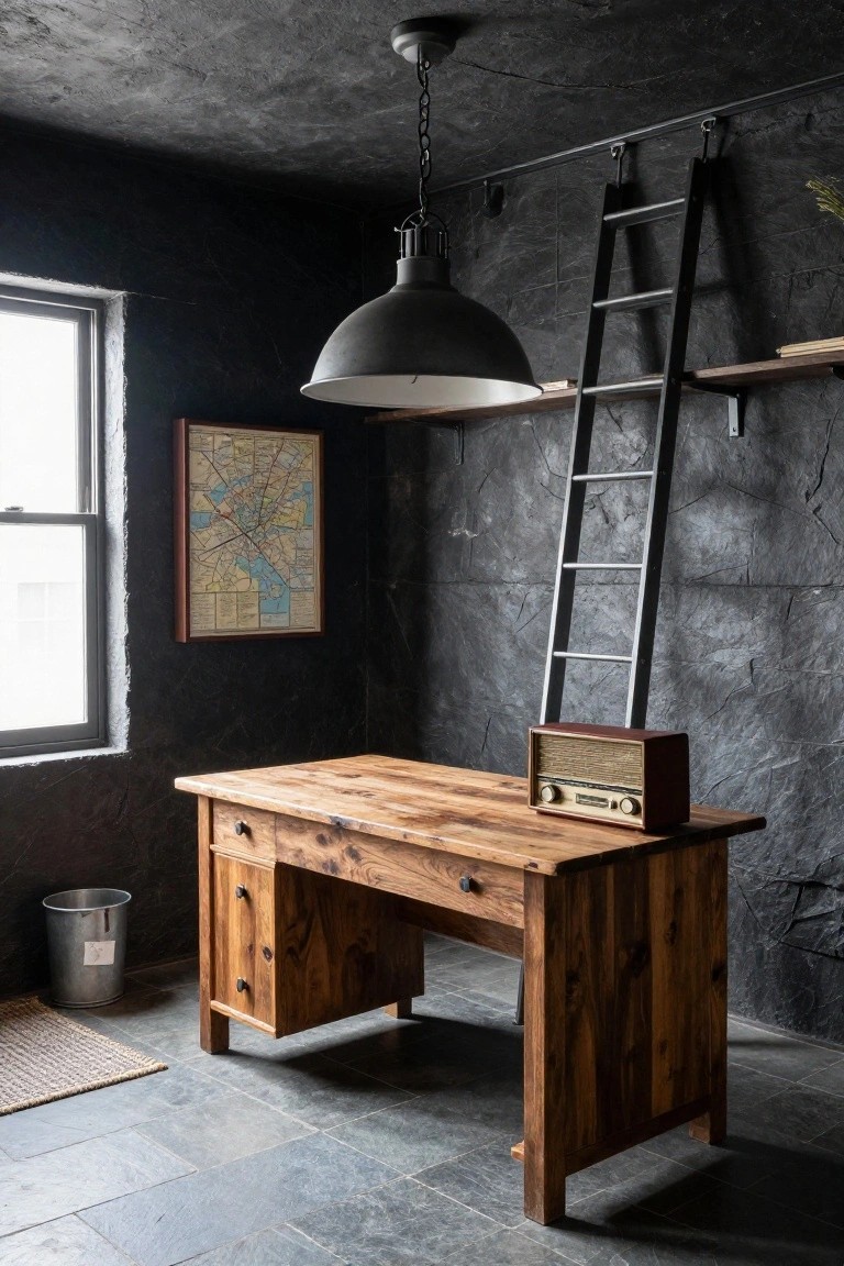 A home office with dark textured walls, a wooden desk under a black pendant light, and a rolling ladder against a wall shelf.