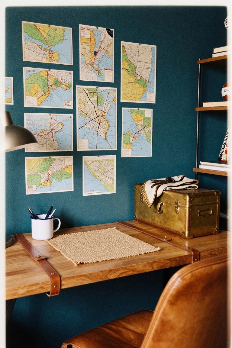 A home office features a wooden desk in front of a dark teal wall covered with pinned vintage maps, a brown leather chair, and a brass trunk on the desk.