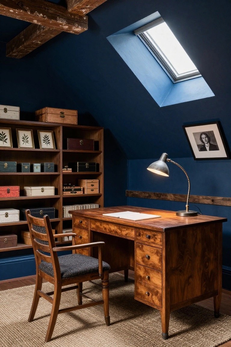 A home office with dark blue walls, a wooden desk and chair, built-in bookshelves, and a skylight overhead.