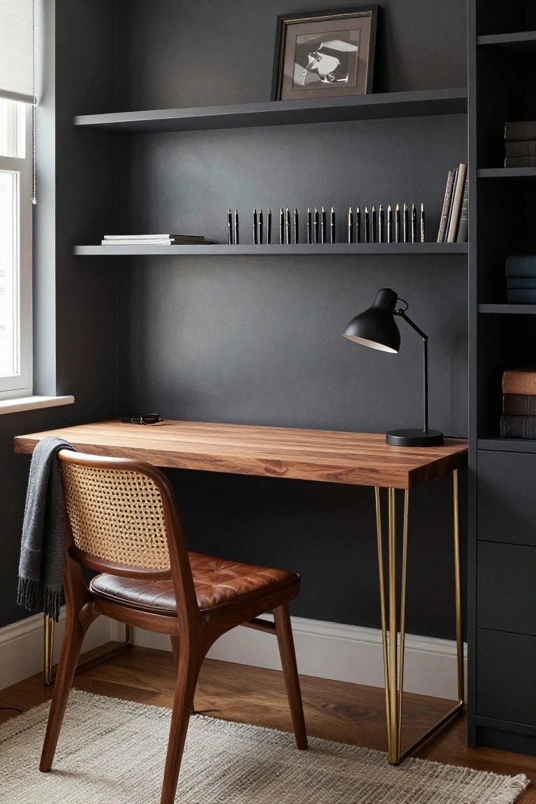 Modern walnut desk with brass legs, cane chair, black lamp on dark wall