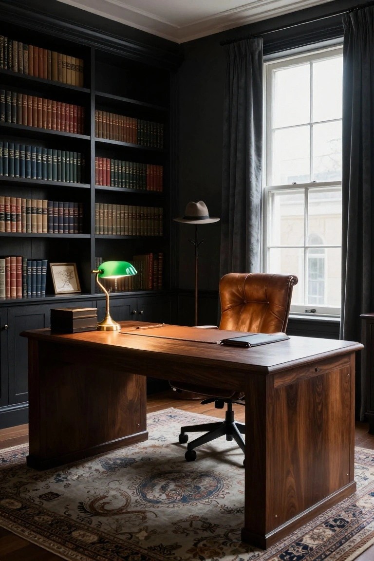 A home office featuring dark walls, floor-to-ceiling built-in bookshelves filled with books, a large wooden desk with a green lamp, and a brown leather office chair.