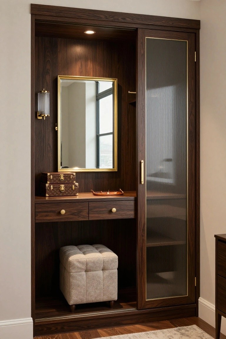A dark wood built-in closet with sliding glass doors, an integrated vanity with drawers, a gold-framed mirror, and a gray upholstered stool.
