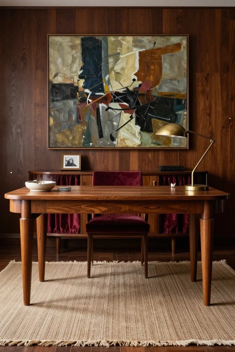 A wooden desk with two velvet chairs is placed in front of dark wood-paneled walls, with a large abstract painting above the desk.