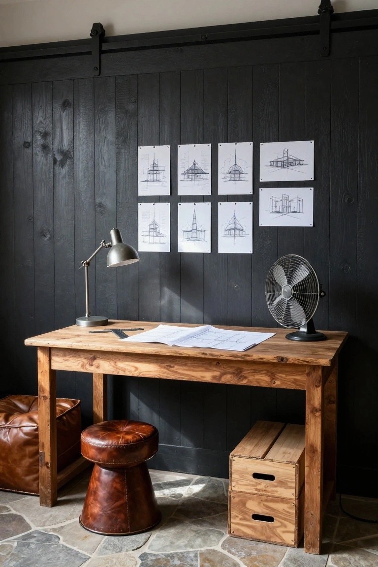 Rustic wooden desk with lamp, fan, and blueprints below architectural sketches on dark wall