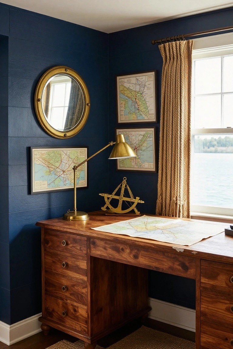 A home office with dark blue paneled walls, a wooden desk with maps, a brass desk lamp, and a round mirror.