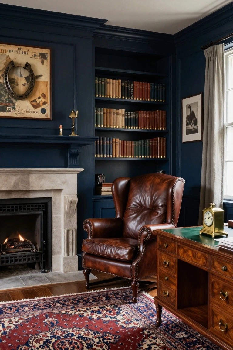 A home office with deep blue walls, built-in bookshelves filled with books, a brown leather wingback chair, a stone fireplace, and a wooden desk with a brass clock.