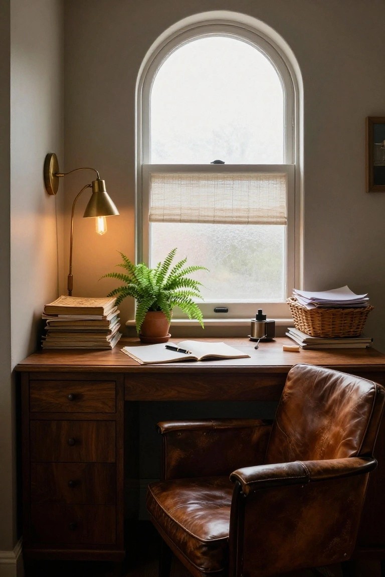 A wooden desk with an open notebook and leather chair is positioned directly beneath a large arched window with a potted fern and books on the surface.