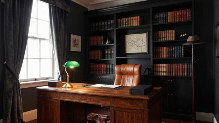 A home office featuring dark walls, floor-to-ceiling built-in bookshelves filled with books, a large wooden desk with a green lamp, and a brown leather office chair.